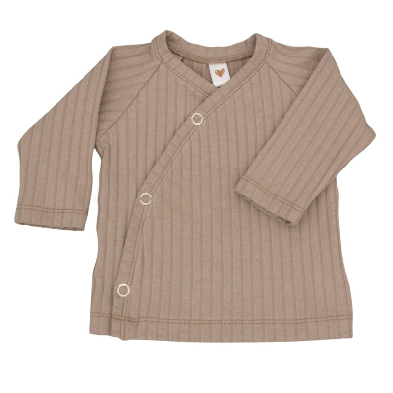 Newborn overslagshirtje donker beige in een brede ribstof.